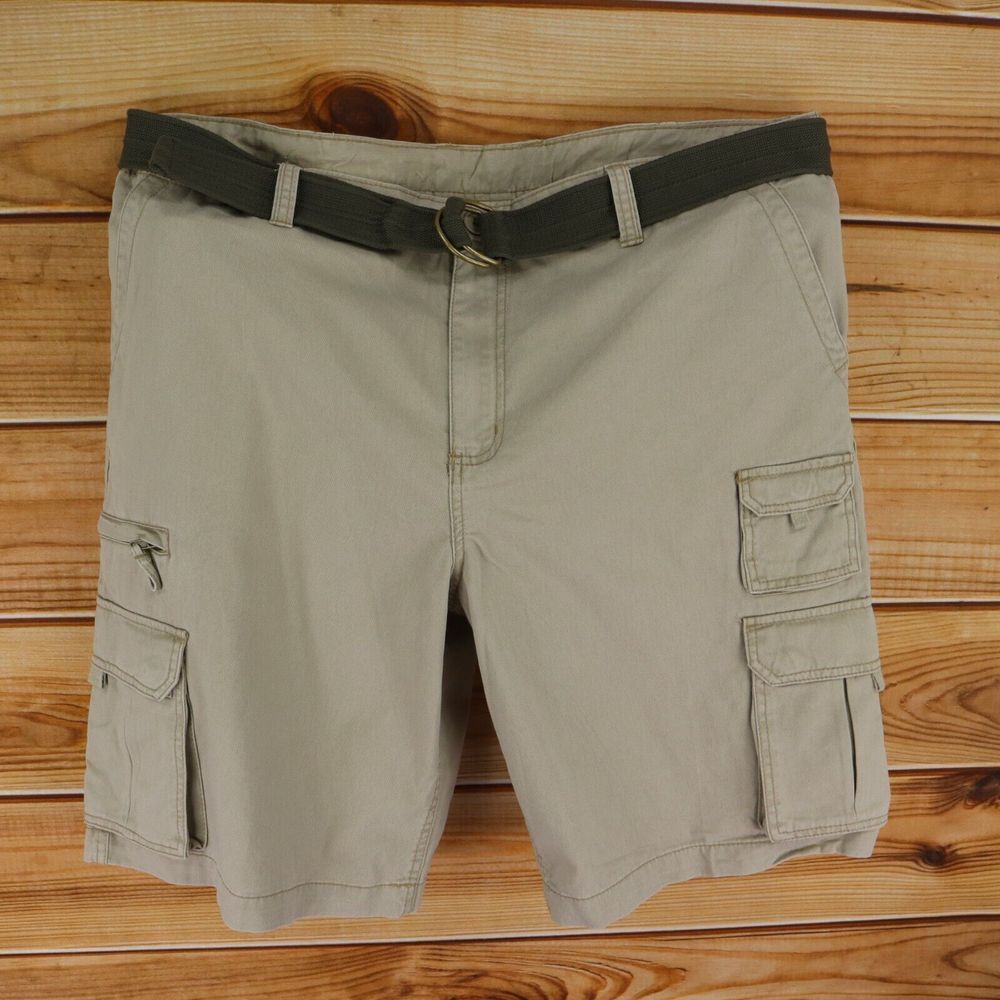 Faded Glory Cargo Shorts Belted Mens Sz 46 Brown 100% Cotton Pockets Flat Front